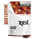 ZEST envase frontal masala chai mostrando porciones y beneficios energéticos