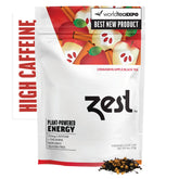 ZEST empaque frontal con taza mostrando energía y sabor