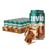 Zevia Creamy Root Beer frente de la caja mostrando 24 latas y conveniencia