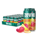 Zevia vista frontal del pack mostrando 24 latas y colores frutales, ofrece variedad