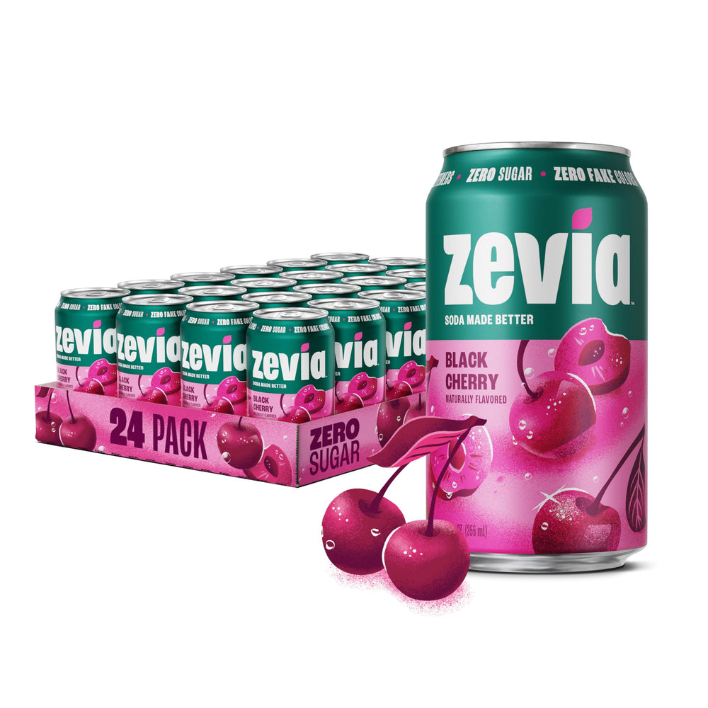 Zevia lata frontal mostrando diseño y sabor cereza negra, refresco sin azúcar