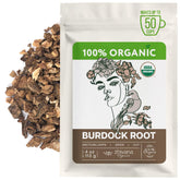 Zhivana Organics paquete frontal de raíz de bardana muestra contenido orgánico
