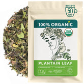 Zhivana Organics envase frontal de té de llantén con información clara y natural