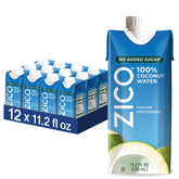 ZICO frontal del pack de 12 botellas mostrando envases listos para llevar y conveniencia