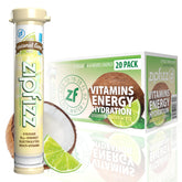 Zipfizz frente del empaque Coconut Lime mostrando 20 sobres y beneficios