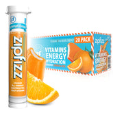 Zipfizz empaque frontal Orange Cream mostrando porciones y beneficios