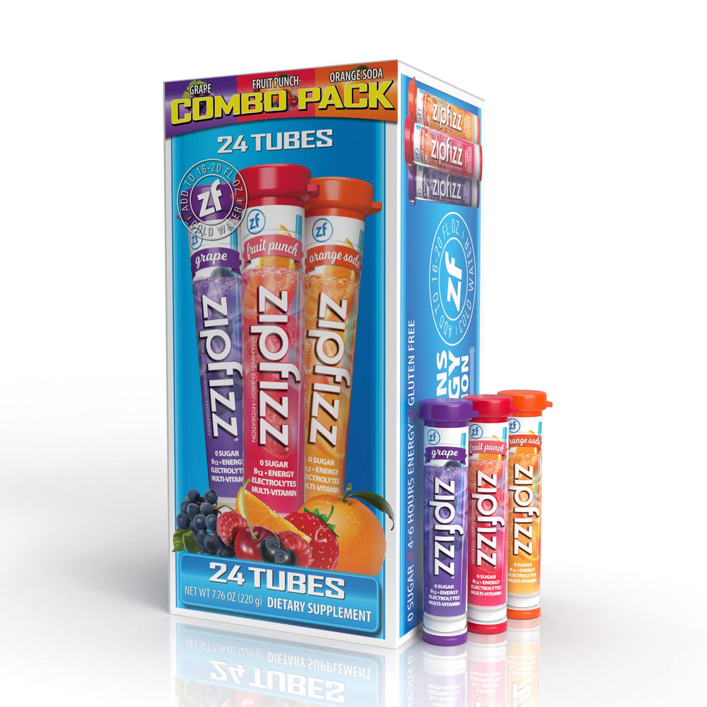 Zipfizz frente del empaque mostrando pack combinado y variedad de sabores, conveniencia portátil