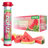 Zipfizz frente del empaque sandía mostrando pack de 20 sobres y beneficio portabilidad