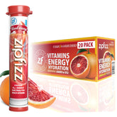 Zipfizz frente del paquete Blood Orange mostrando 20 sobres y beneficios