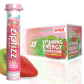 Zipfizz empaque frontal Strawberry Kiwi mostrando sabor y beneficios