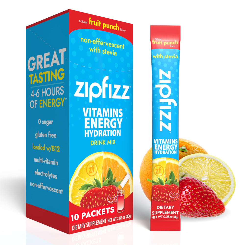 Zipfizz frente del paquete con 10 sobres mostrando conveniencia