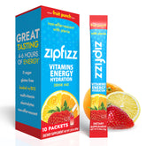 Zipfizz frente del paquete con 10 sobres mostrando conveniencia
