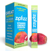 Zipfizz embalaje frontal Prickly Pear mostrando sachets y beneficio portátil