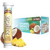 Zipfizz Pina Colada paquete frente mostrando 20 sobres y beneficio portátil