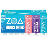 ZOA pack frontal mostrando 18 latas y variedad de sabores para consumo práctico