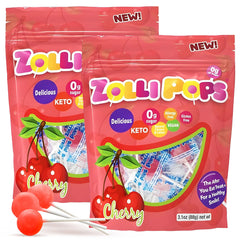 Zollipops frente del paquete con sabor cereza mostrando beneficio oral
