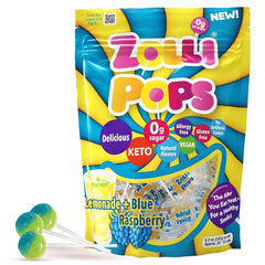 Zollipops paquete frontal mostrando sabores y bolsa de 5.2 oz, atracción visual