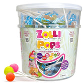Zollipops frente del empaque mostrando sabor tropical y conveniencia
