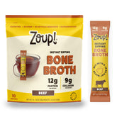 Zoup! sobre frontal del producto Beef muestra diseño y conveniencia