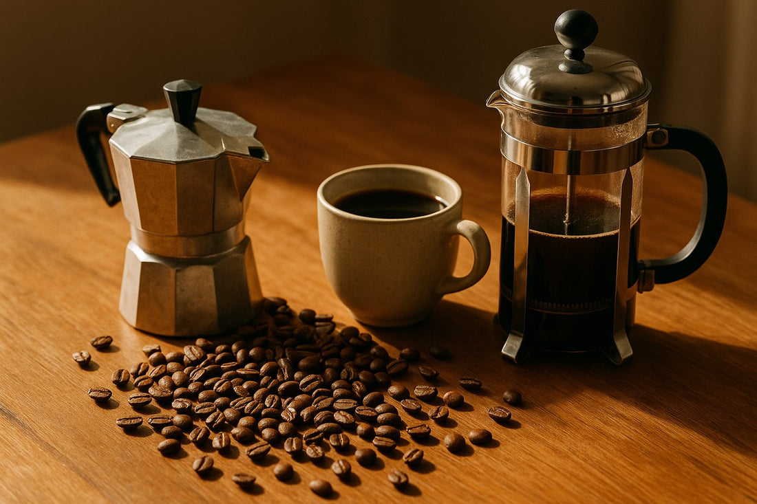 Granos de café, prensa francesa y taza de cerámica sobre mesa de madera