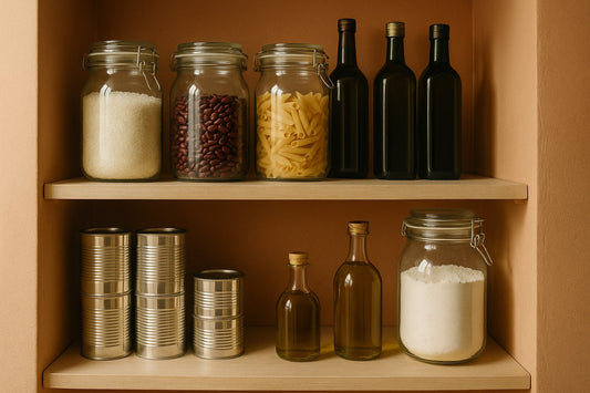 Alacena ordenada con frascos de arroz, frijol, pasta y aceites