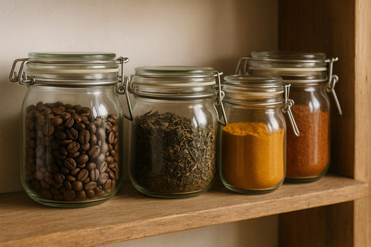 Frascos herméticos con café, té y especias en un estante de despensa