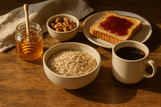 Mesa de desayuno con avena, cereal, miel, mermelada y café