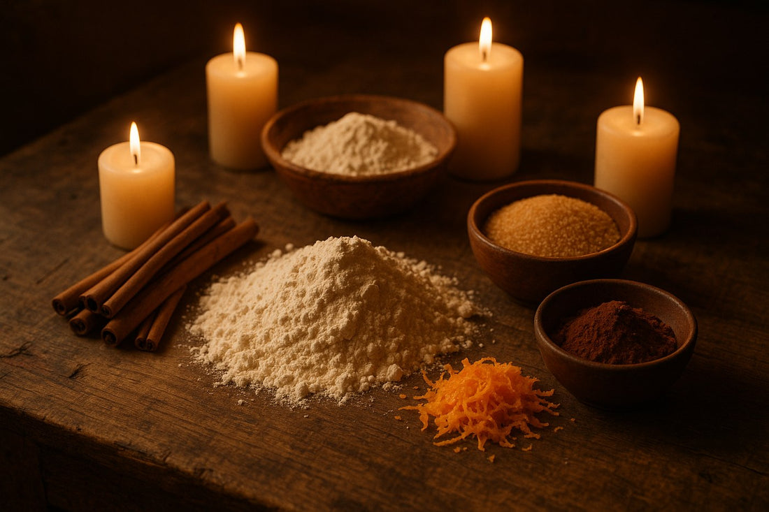 Mesa con harina, canela, azúcar, chocolate de mesa y velas para la ofrenda