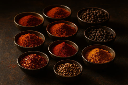 Cuencos con especias molidas y enteras en tonos rojos y ocres