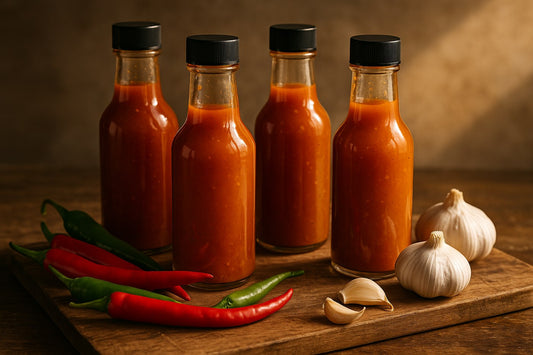 Botellas de salsa picante con chiles frescos y ajo sobre tabla de madera