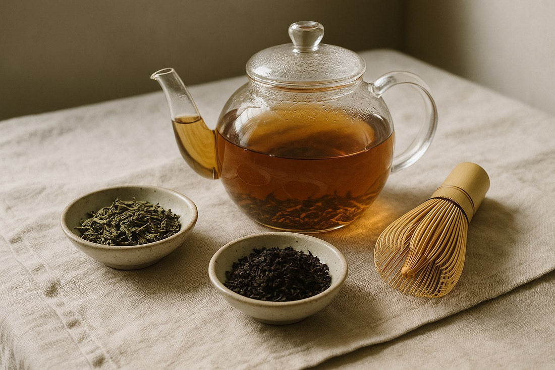 Tetera de vidrio, cuencos con té en hoja y batidor de matcha sobre tela de lino