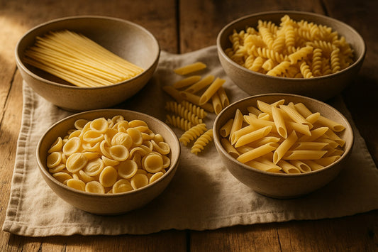 Distintas formas de pasta seca en cuencos sobre mesa de madera