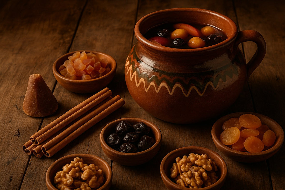 Ingredientes de ponche y repostería navideña sobre mesa de madera