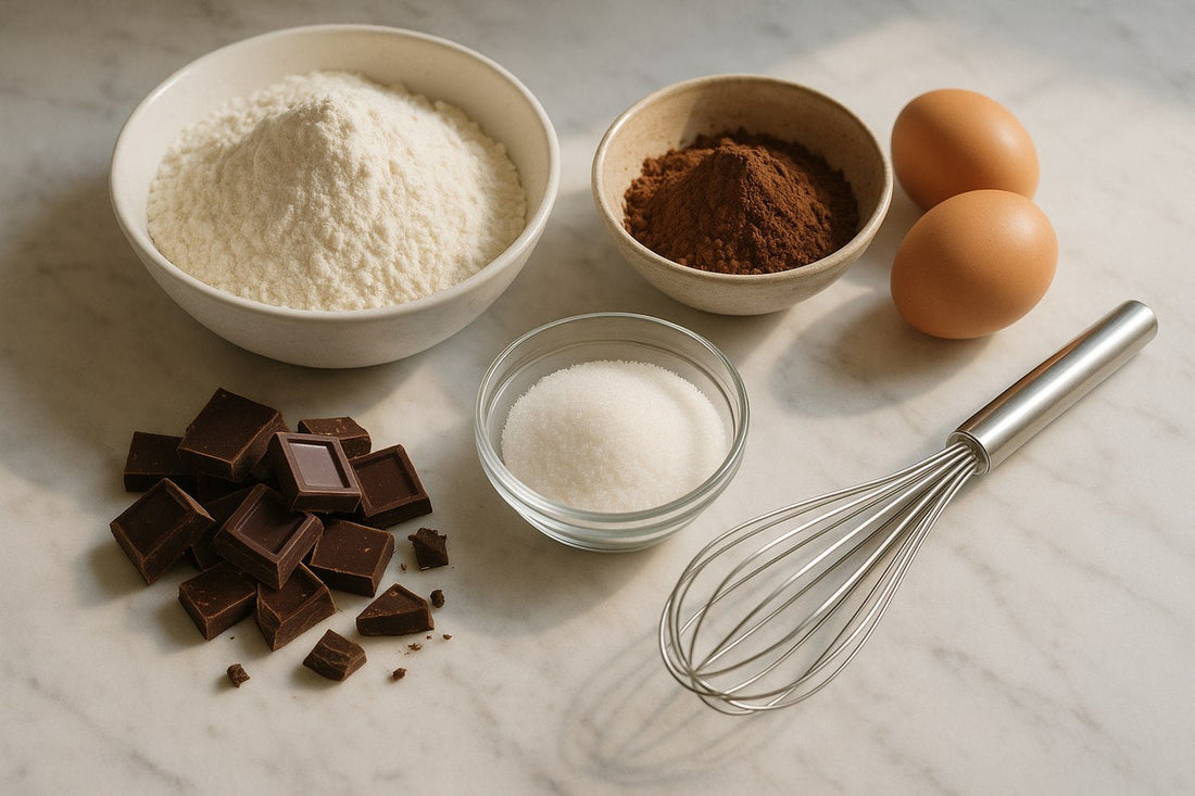 Harina, cocoa, chocolate y batidor sobre superficie de mármol