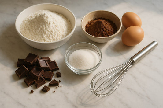 Harina, cocoa, chocolate y batidor sobre superficie de mármol