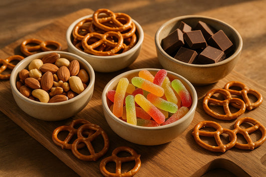 Tabla de madera con nueces, pretzels, chocolates y gomitas
