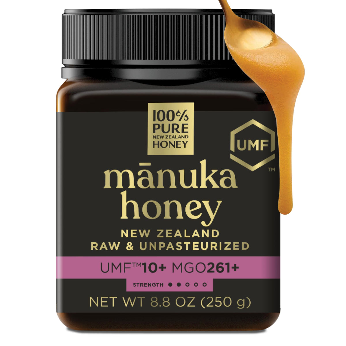 100% Pure New Zealand Honey frasco frontal mostrando etiqueta UMF claro