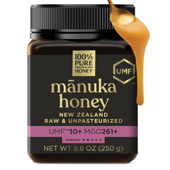 100% Pure New Zealand Honey frasco frontal mostrando etiqueta UMF claro