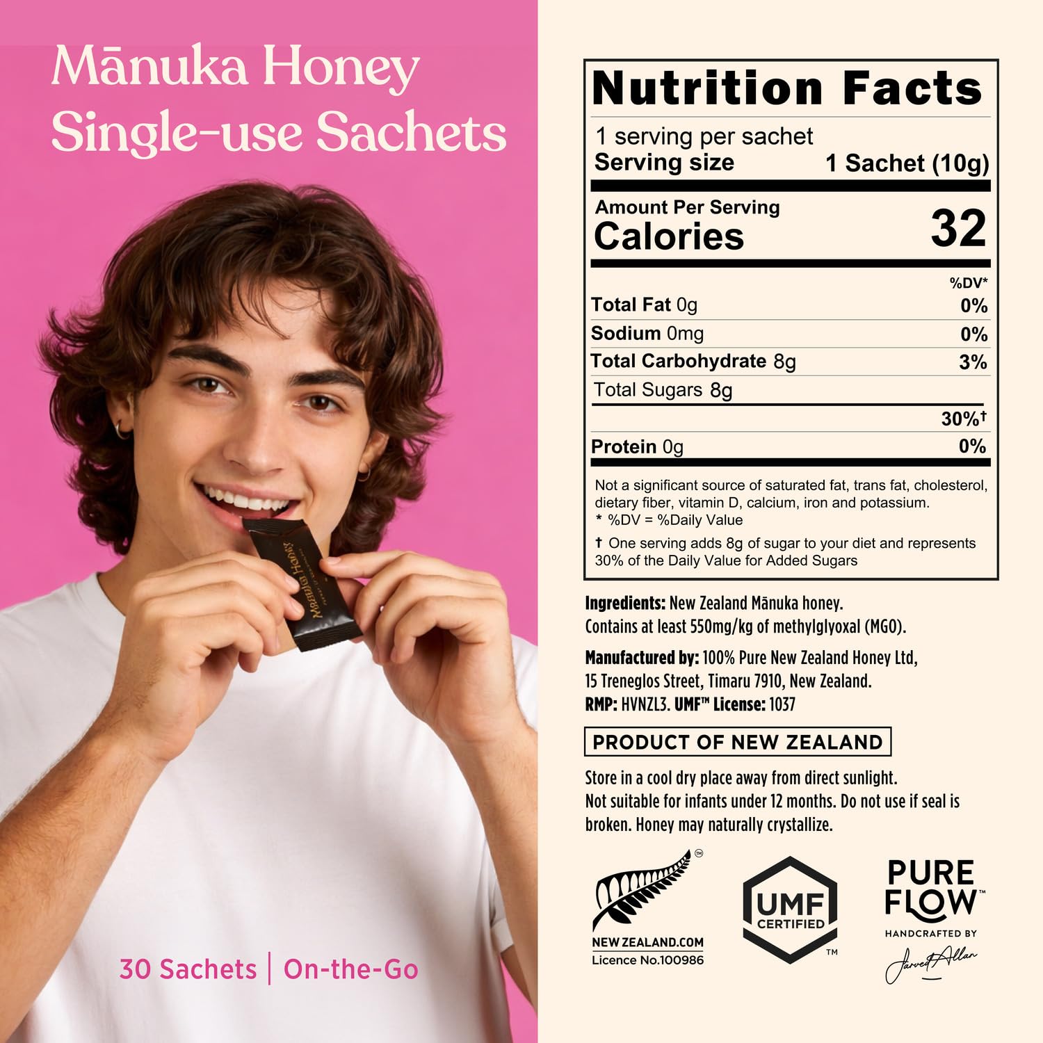 100% Pure New Zealand Honey paquete abierto con sobres listos para llevar y conveniencia