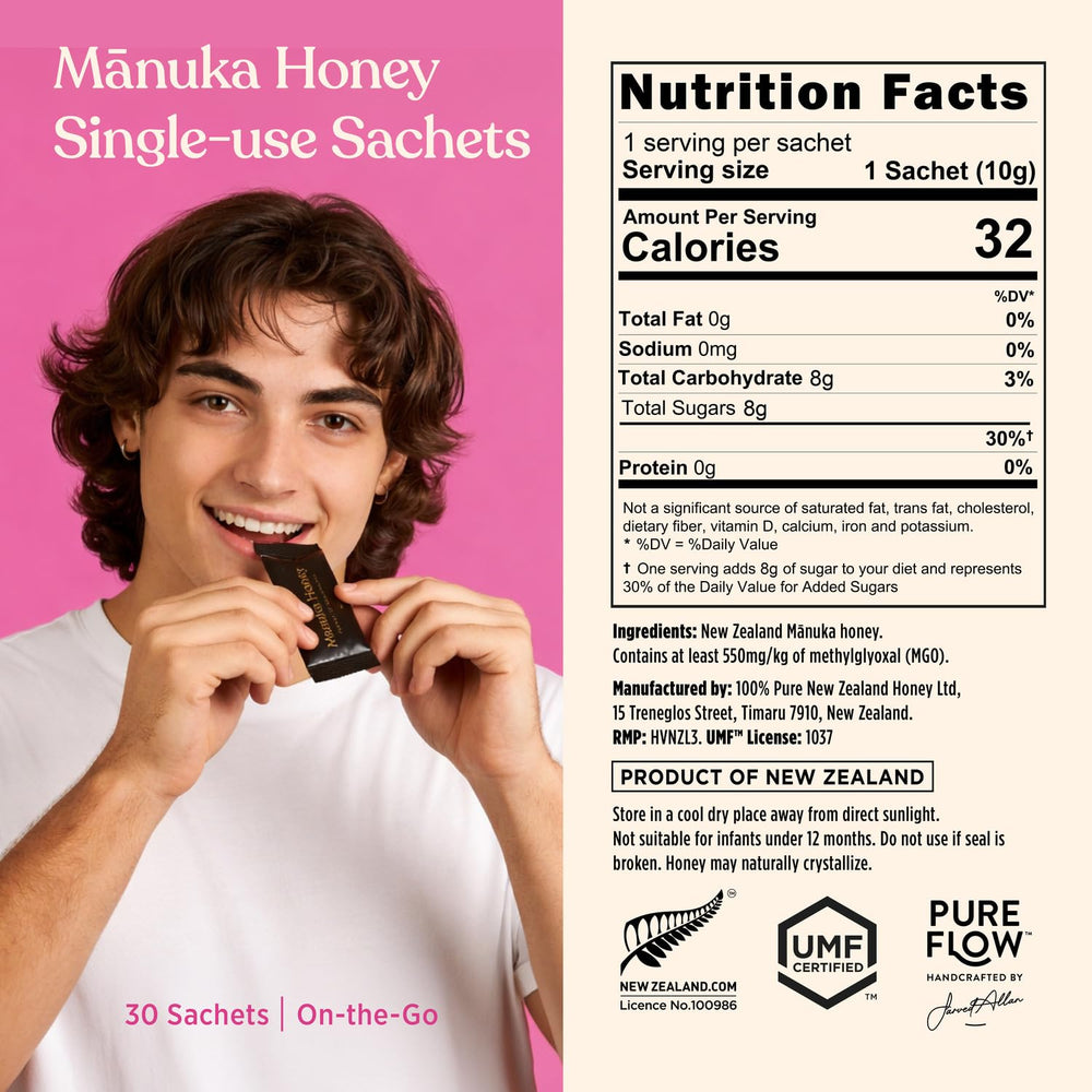 100% Pure New Zealand Honey paquete abierto con sobres listos para llevar y conveniencia