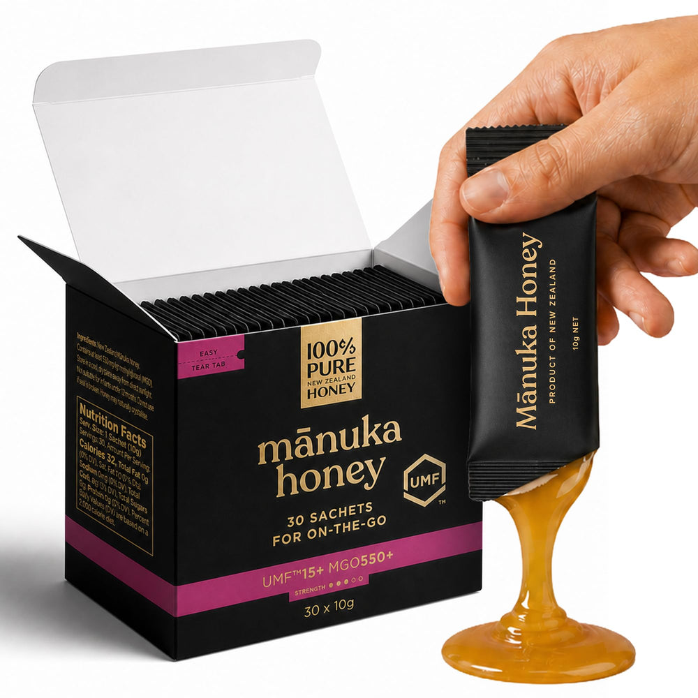100% Pure New Zealand Honey sobre frontal mostrando sello UMF y beneficio de autenticidad