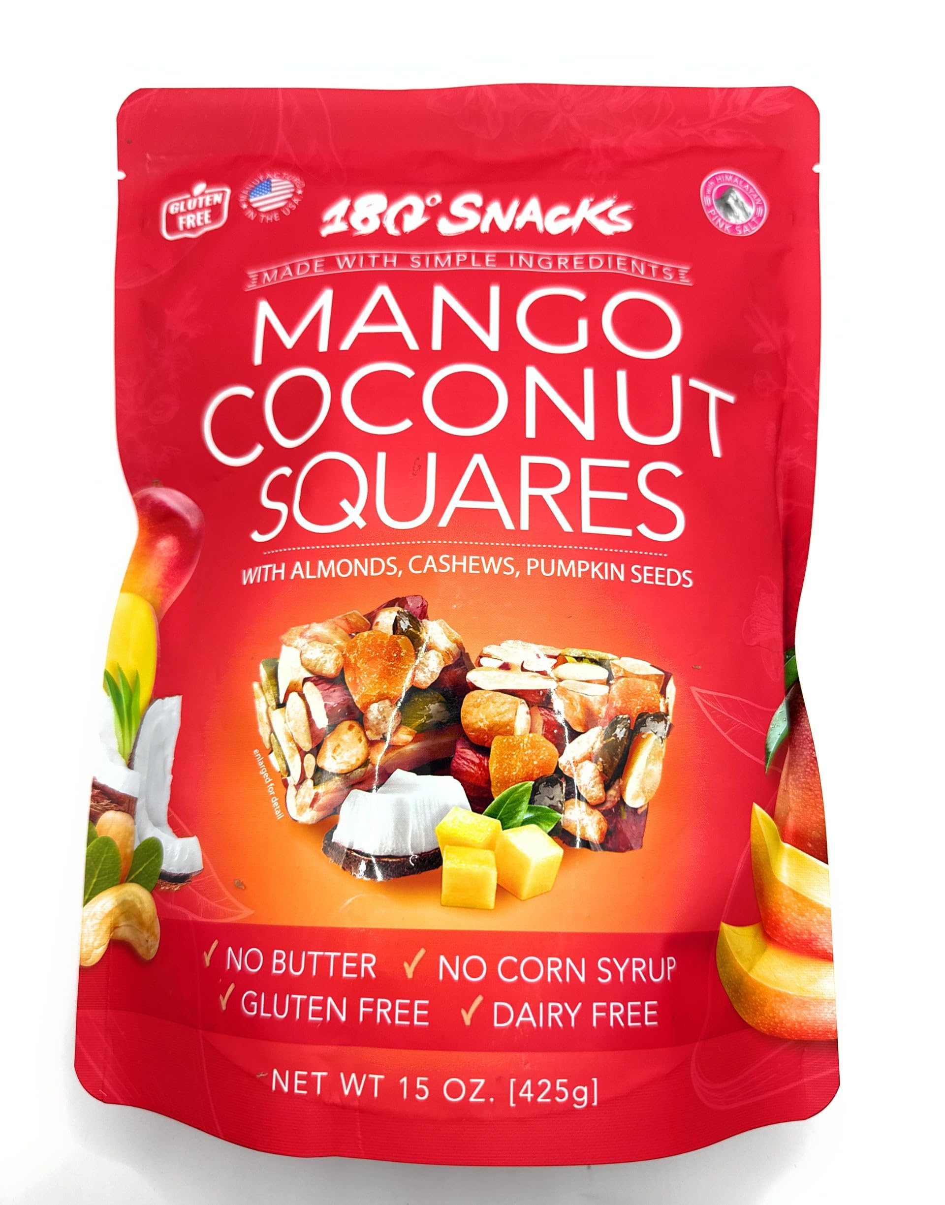 180 Snacks vista frontal del empaque con mango y coco mostrando portabilidad