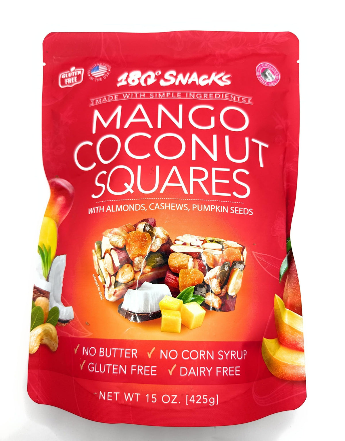 180 Snacks vista frontal del empaque con mango y coco mostrando portabilidad