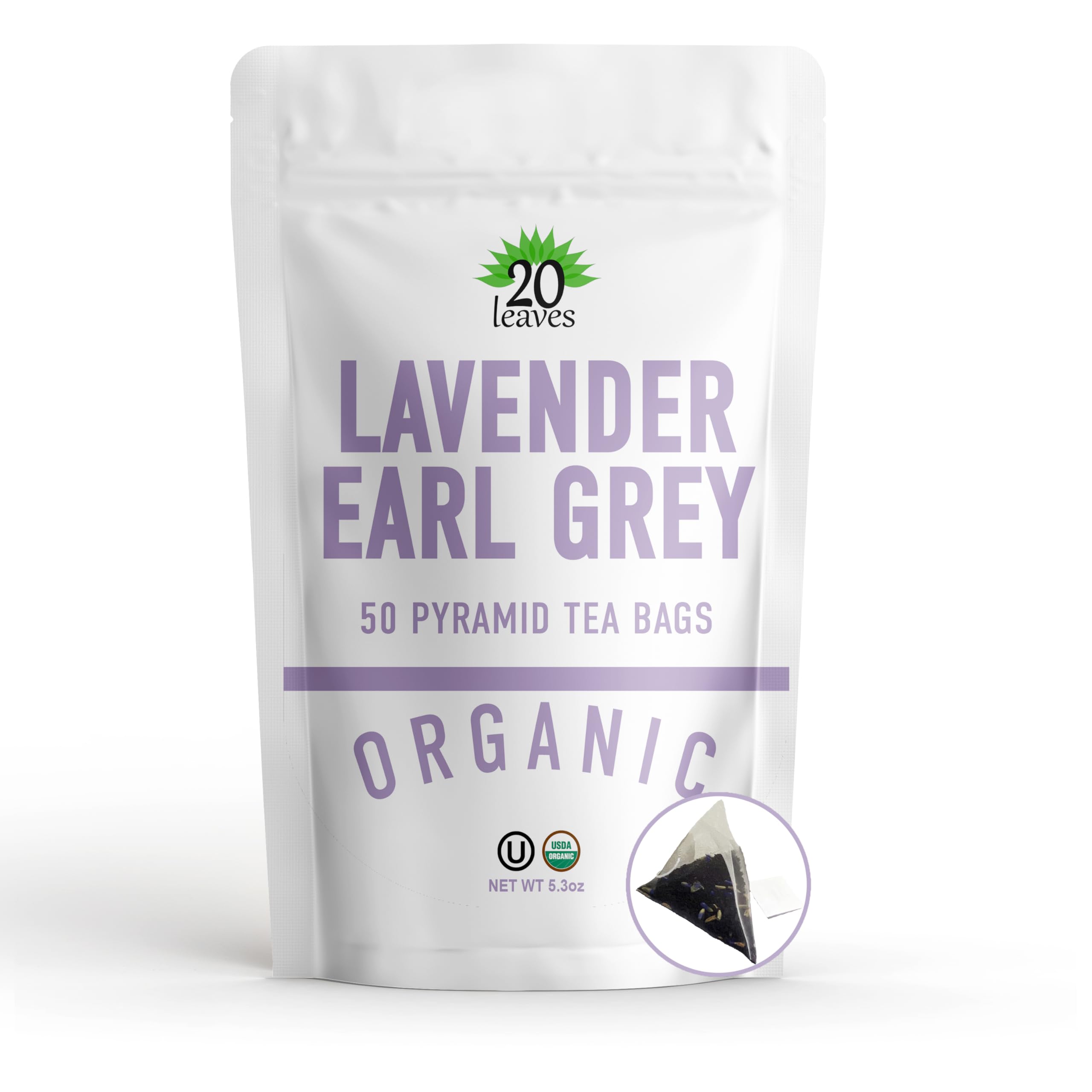 20 Leaves frontal del empaque mostrando bolsa re-sellable y marca, beneficios de conservación