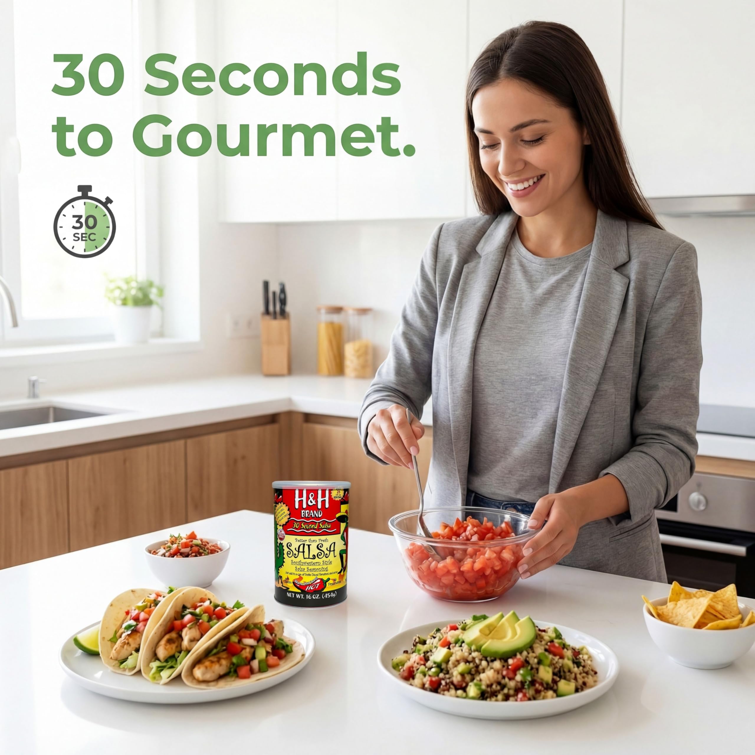 30 SECOND SALSA usada en tacos resaltando mejora de sabor inmediata