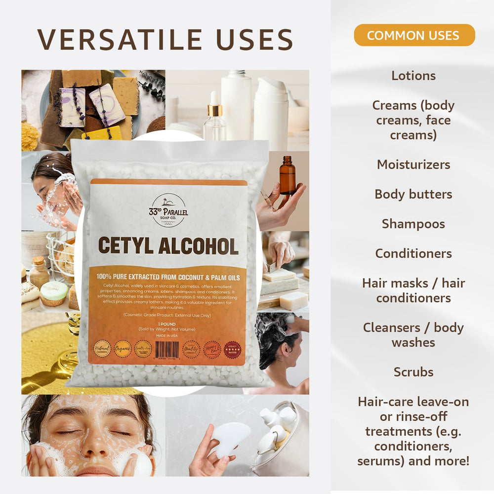 33RD PARALLEL SOAP CO. gránulos de cetyl alcohol muestran textura pura y fácil disolución