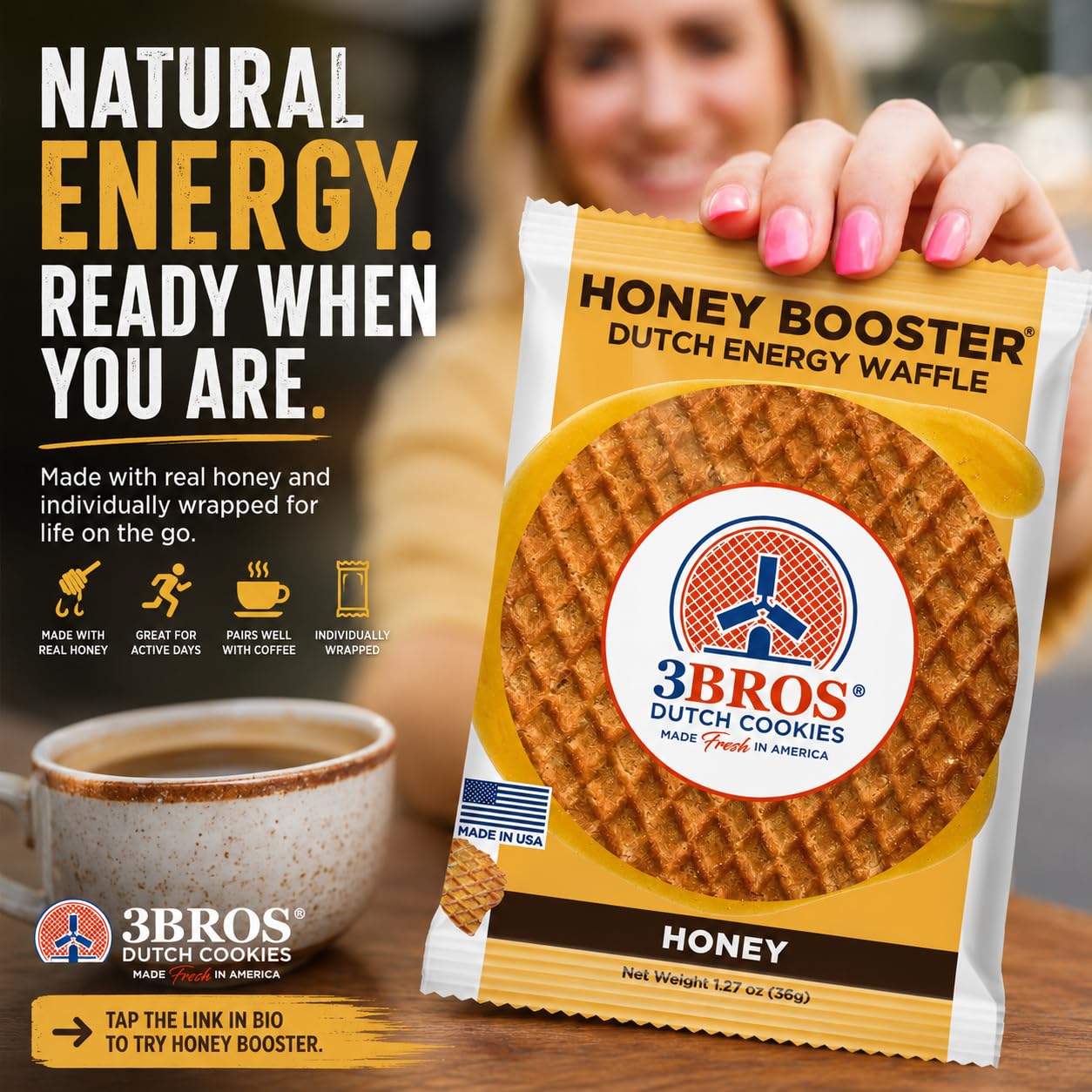 3Bros stroopwafel envuelto individualmente, mantiene frescura al viajar