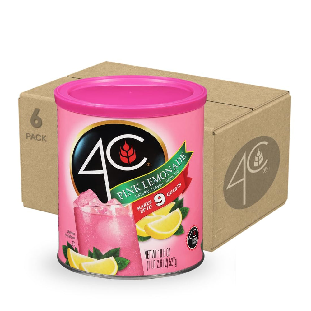 4C bote frontal de Pink Lemonade mostrando etiqueta y beneficio familiar
