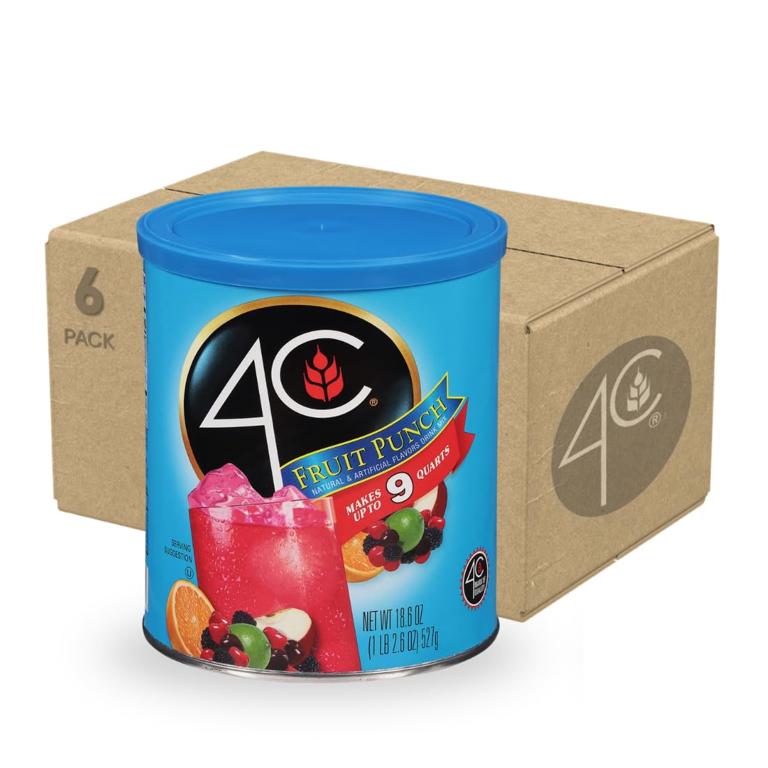 4C lata Fruit Punch frontal mostrando etiqueta visible y tamaño familiar