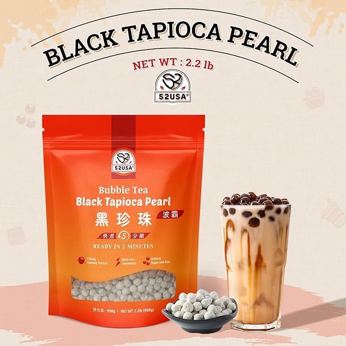 52USA Boba perlas servidas en taza con pajilla, aporta textura auténtica al bubble tea